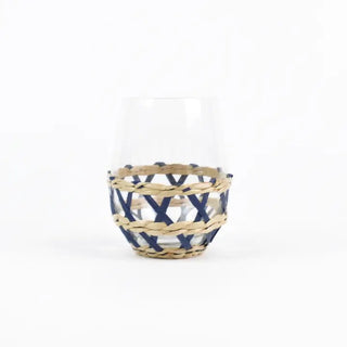 Rattan Stemless Wine Glass, Navy Blue
